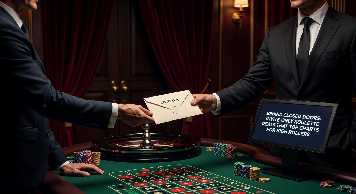 High roller in a dimly lit VIP lounge, placing chips on a sleek roulette wheel surrounded by velvet ropes and champagne flutes