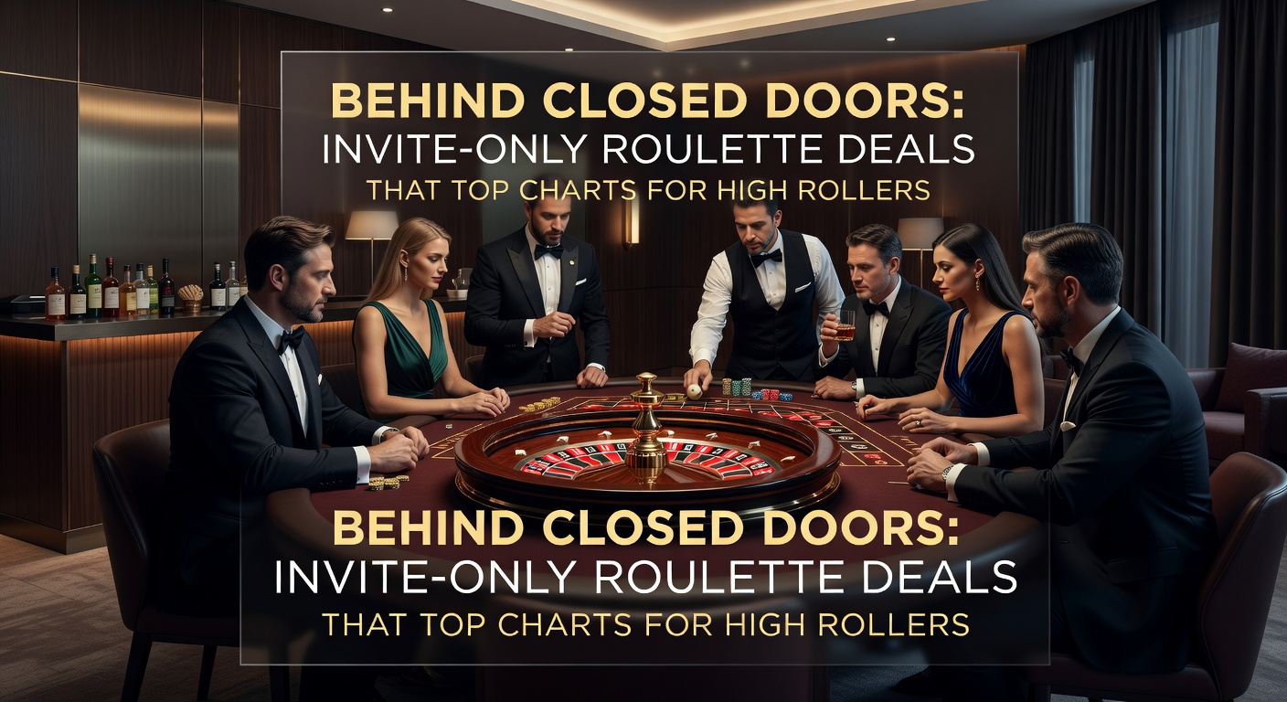 Close-up of a golden roulette wheel in a luxurious private room, with scattered high-denomination chips and a glowing VIP invitation card