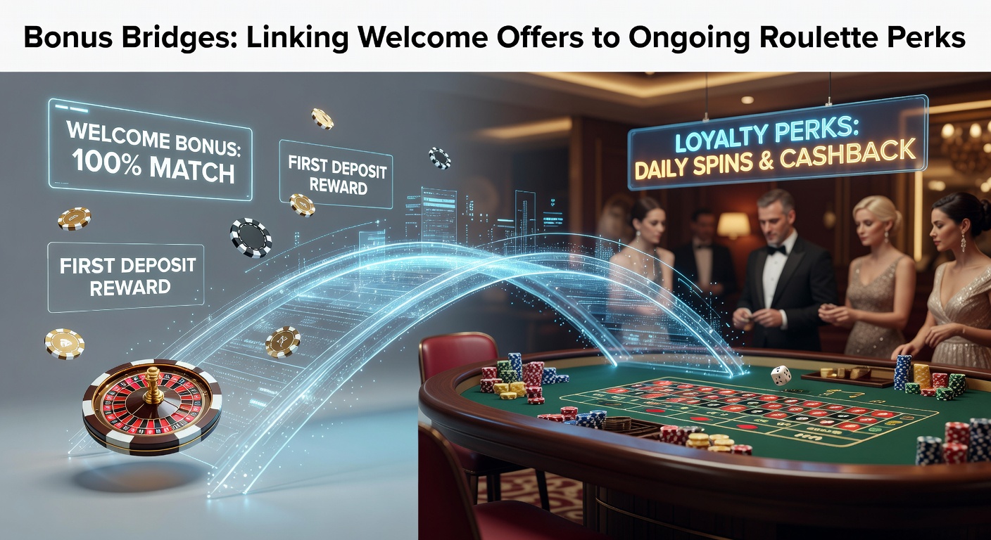 Illustration of a golden bridge connecting a welcome bonus sign to ongoing roulette reward tiers on a vibrant casino backdrop