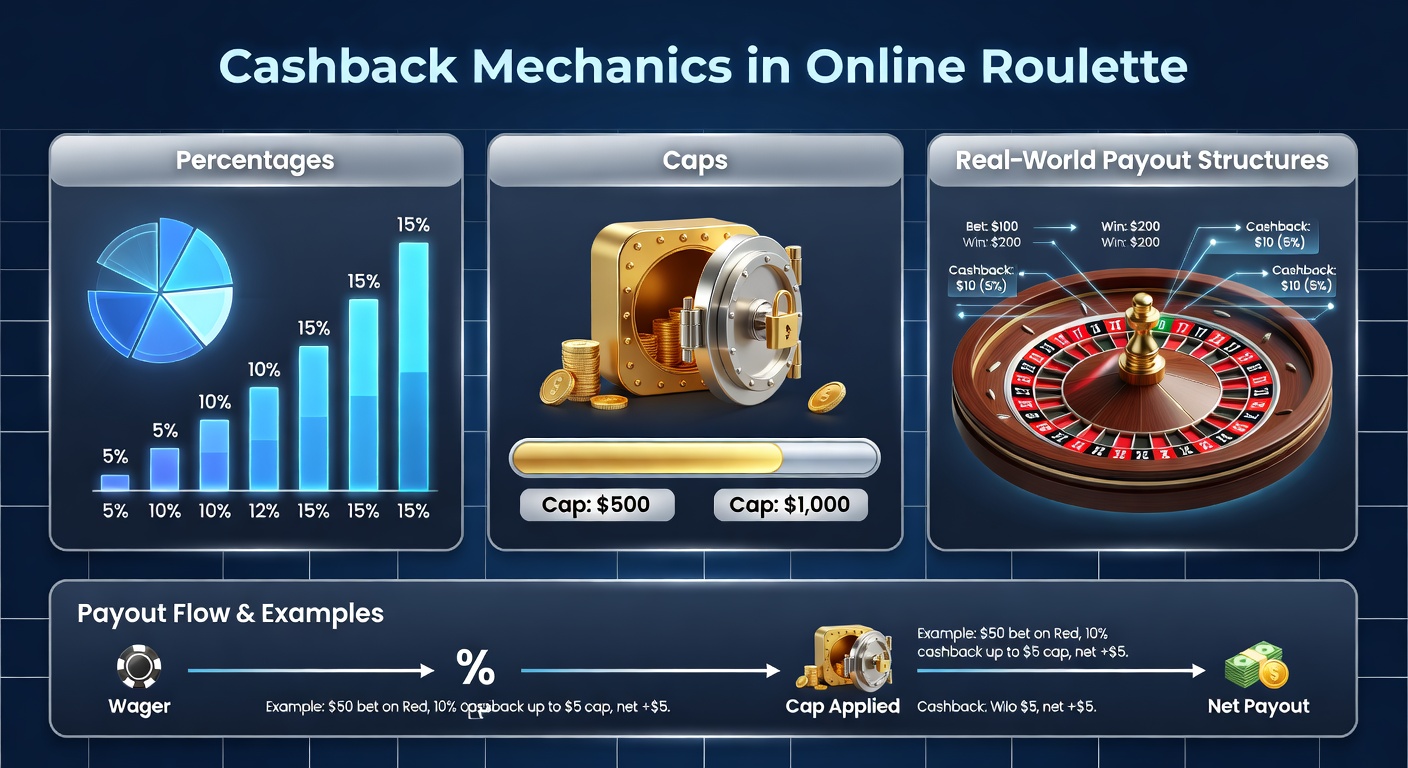 Infographic chart showing cashback percentage tiers alongside cap limits on a roulette table background, highlighting real payout examples
