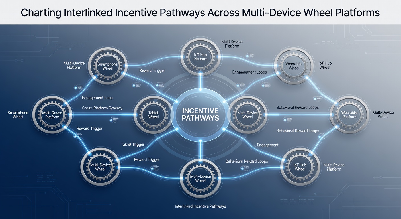 Diagram showing interconnected incentive pathways across desktop, tablet, and mobile wheel platforms with data flow lines