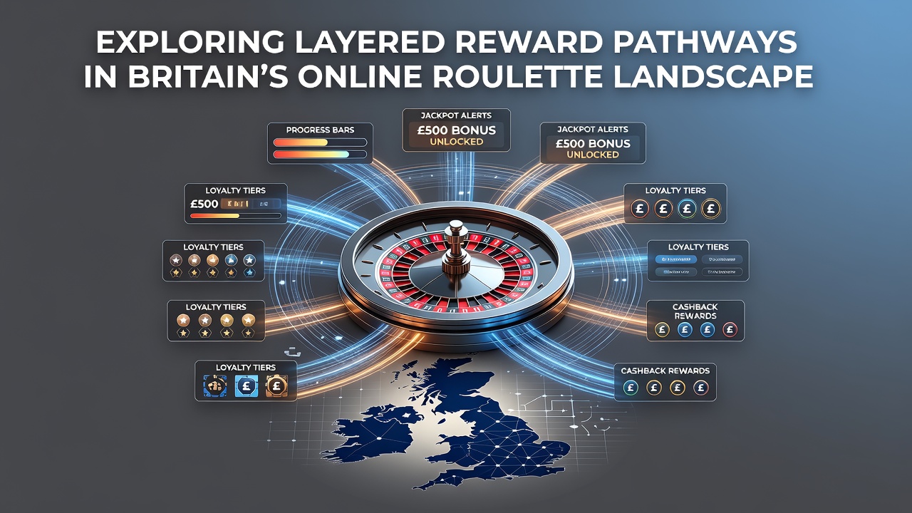 A digital illustration showing interconnected layers of reward pathways in online roulette platforms across Britain