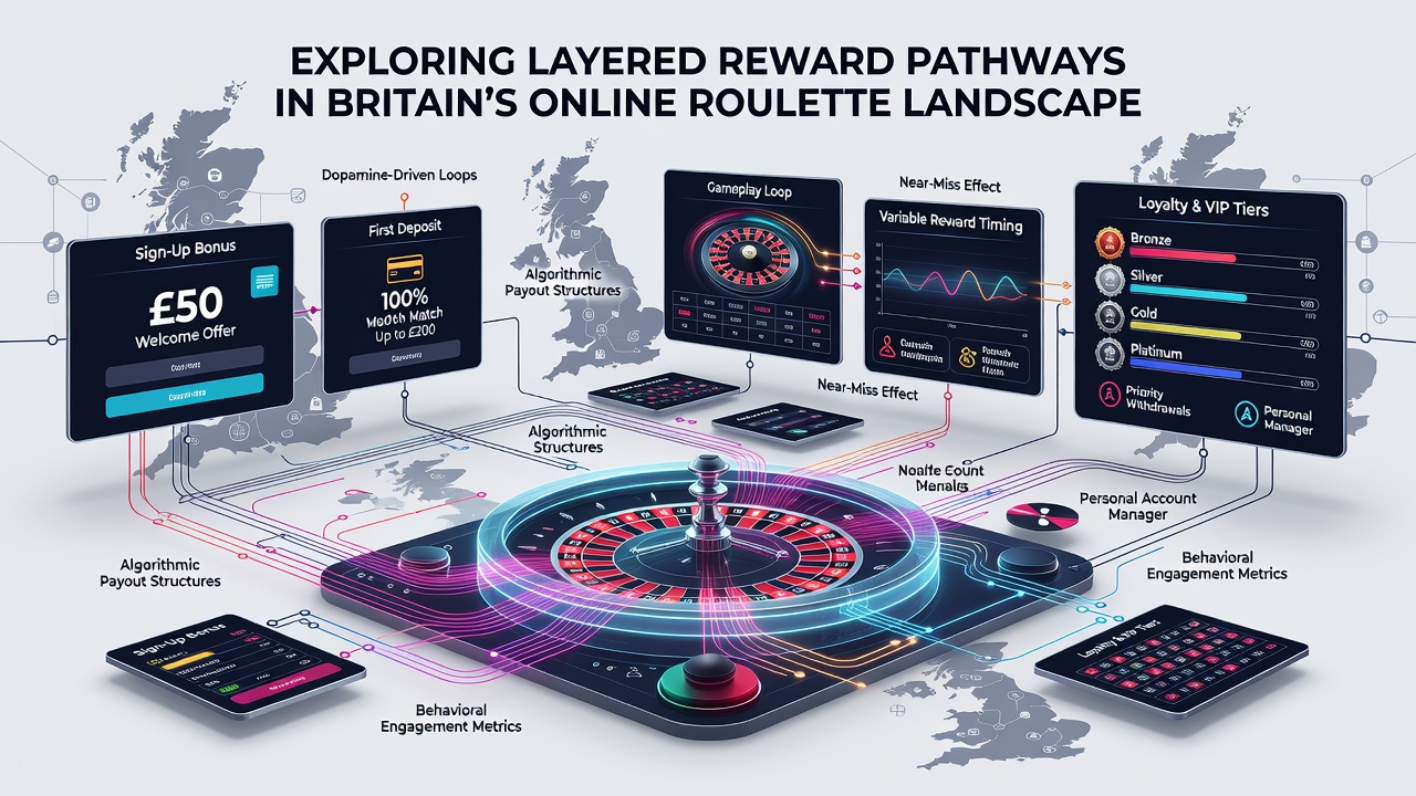 Visual diagram of tiered reward pathways illustrating connections between player actions and layered incentives in British online roulette