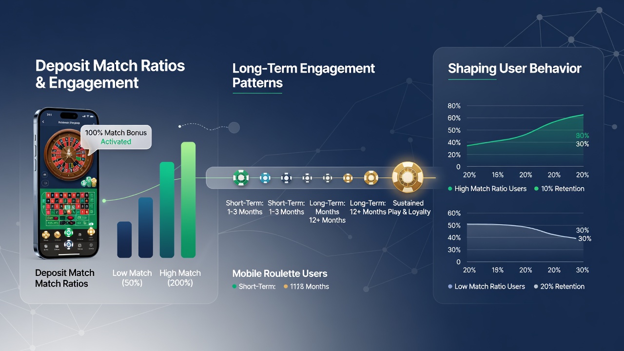 Analytics dashboard displaying engagement curves for different deposit match ratios over a six-month period on mobile roulette platforms