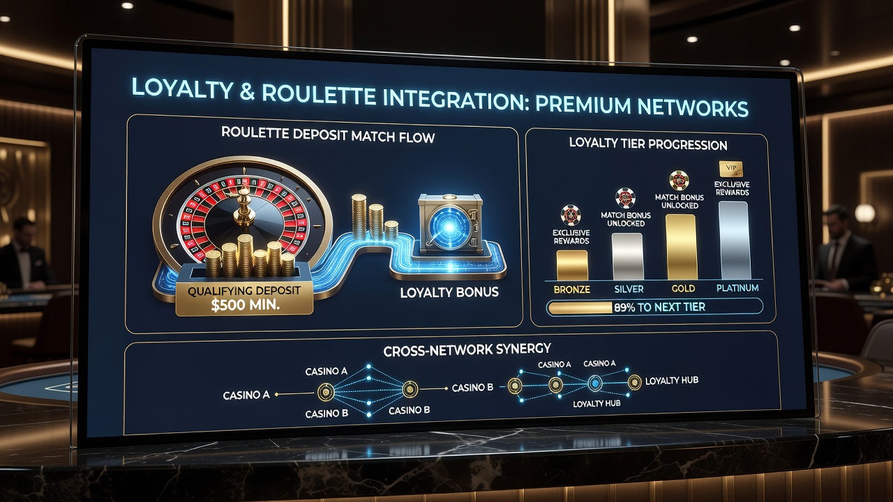 Screenshot of a loyalty dashboard displaying integrated roulette deposit match rewards and tier progress
