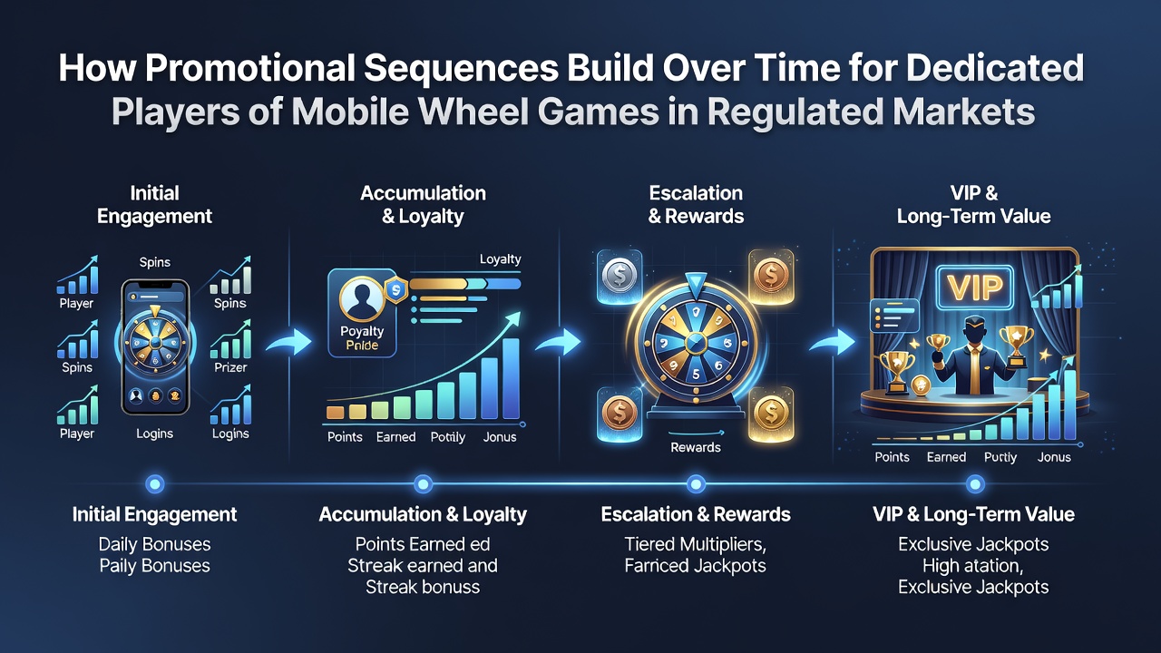 Dashboard view of loyalty progression with stacked bonus indicators and timeline markers for mobile wheel game users