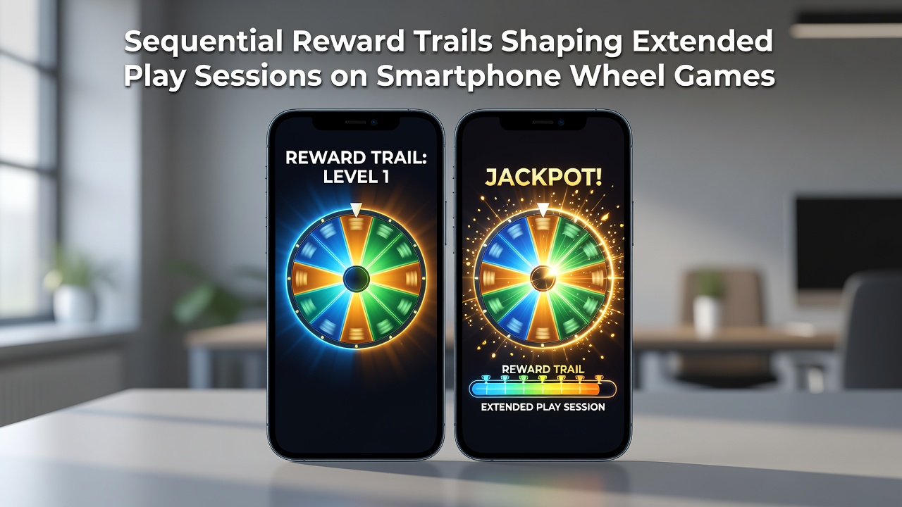 Smartphone displaying a wheel game interface with sequential reward indicators and progress markers