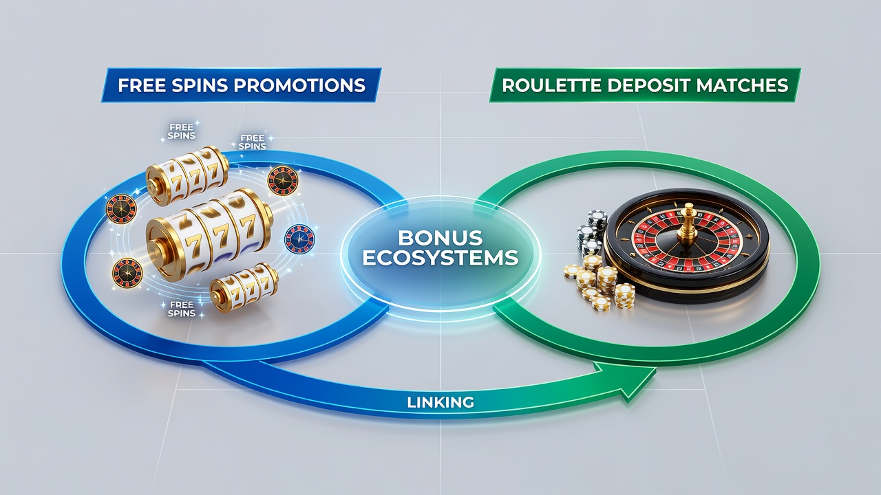 Illustration of interconnected bonus systems showing free spins leading into roulette deposit match offers