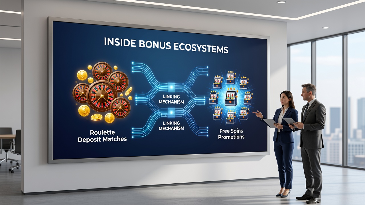 Diagram displaying data flow between free spins activation and roulette deposit match redemption on casino platforms