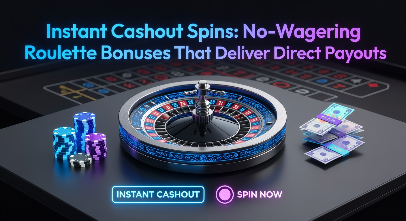 Vibrant roulette wheel spinning with golden chips stacking up, symbolizing instant cashout wins from no-wagering bonuses
