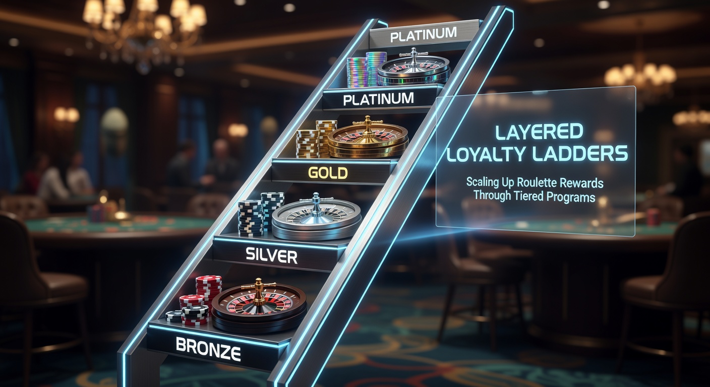 Graphic illustrating a multi-tiered loyalty ladder with roulette wheels at each ascending level, symbolizing escalating rewards for players