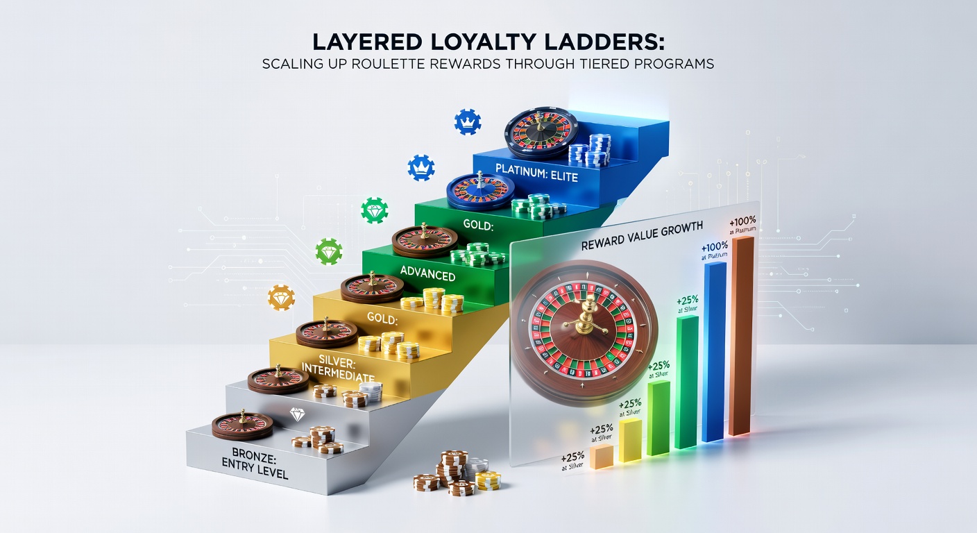 Infographic depicting player progression through loyalty tiers, with icons of roulette chips, wheels, and escalating reward icons like cash stacks and VIP badges
