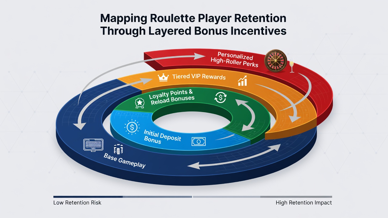Infographic illustrating retention curves and bonus layer progression for roulette players over six-month periods