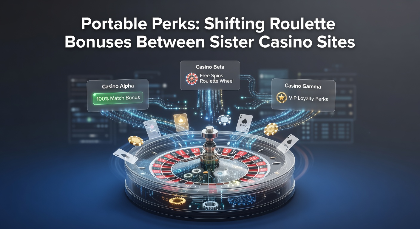 Network diagram of sister casinos linked by bonus transfer arrows, overlaid on a vibrant roulette layout with perk icons in motion