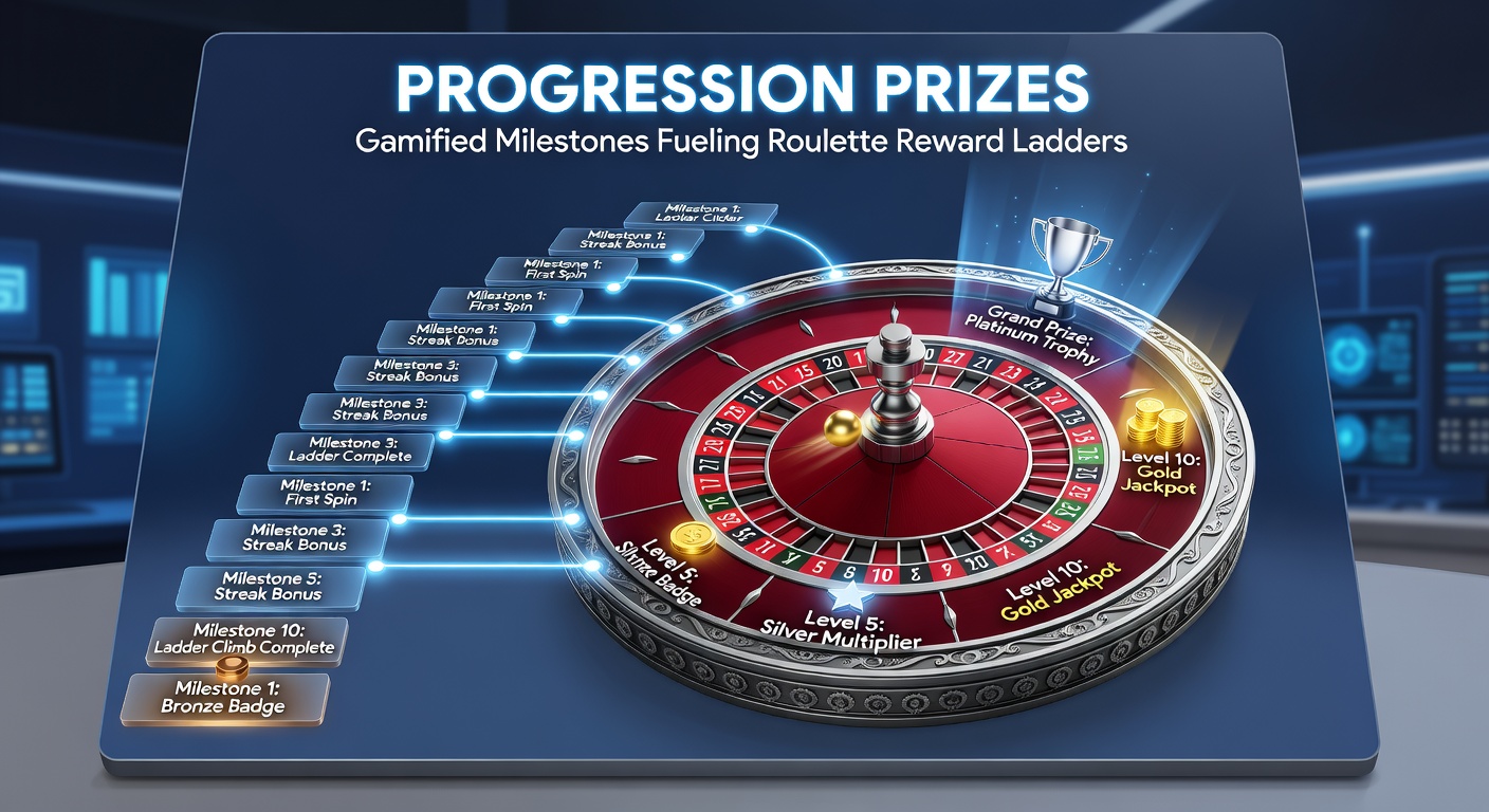 Digital graphic showing a roulette wheel integrated with a ladder of glowing milestones and prize badges climbing upward, symbolizing gamified reward progression
