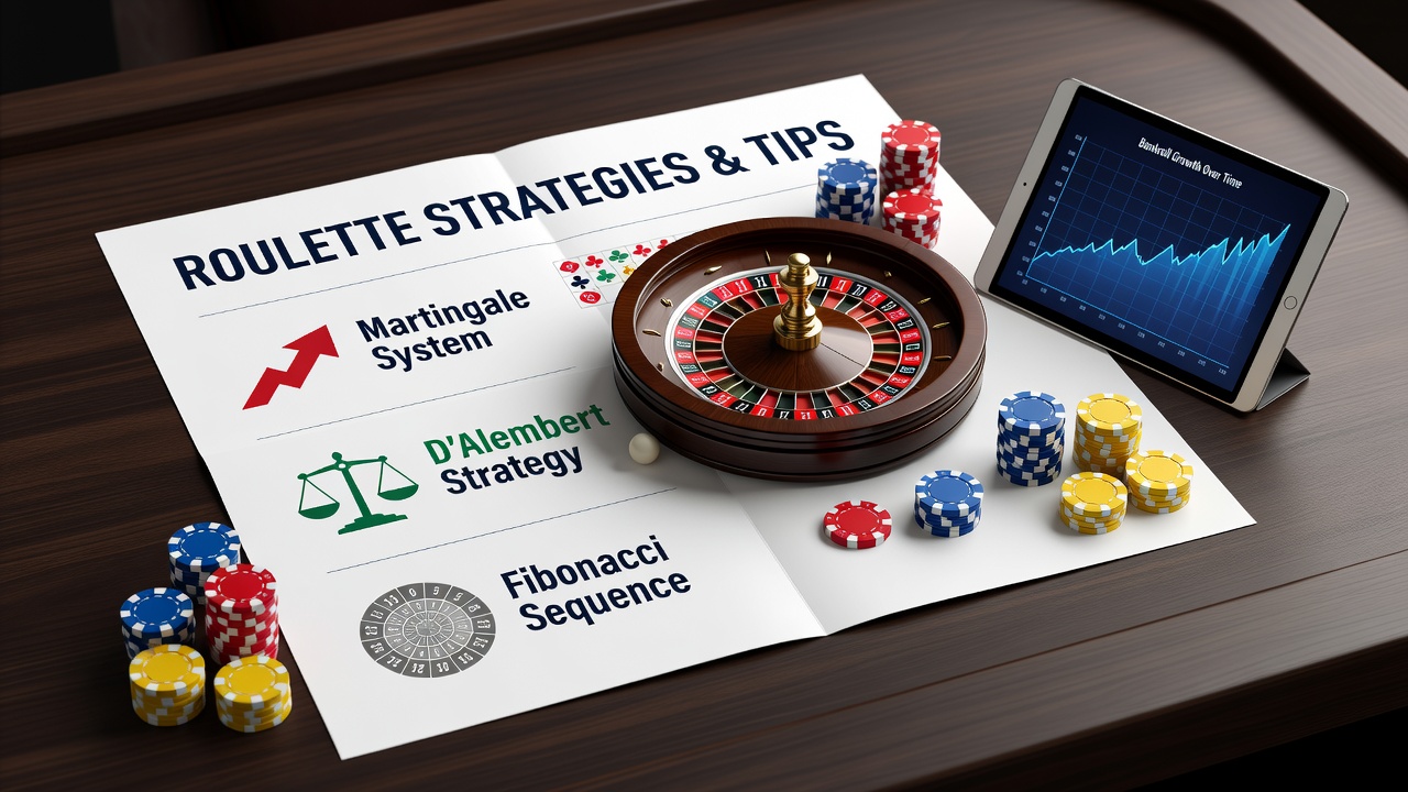 Roulette wheel with betting chips and strategic layout diagram