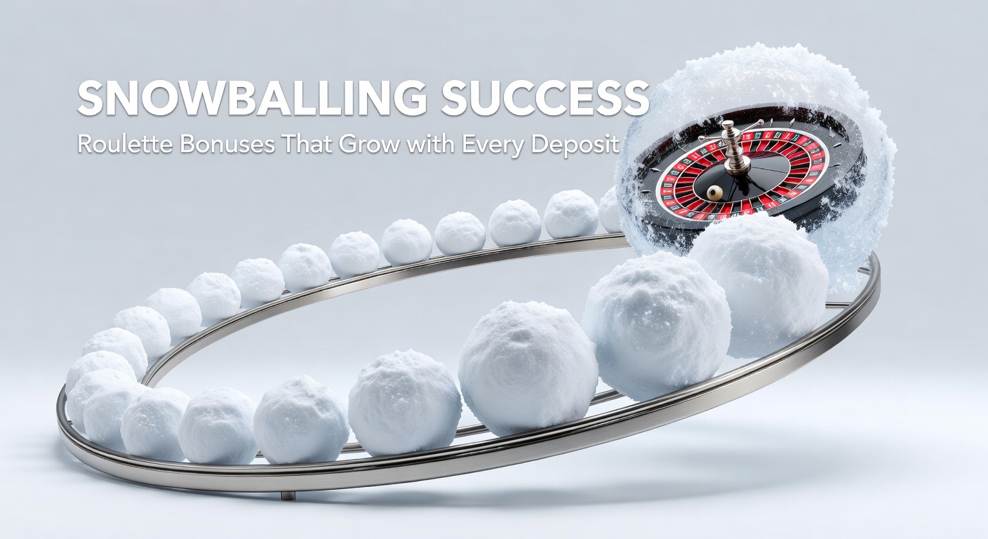 Digital graphic showing a snowball effect with roulette wheel and growing bonus stacks, illustrating escalating deposit rewards
