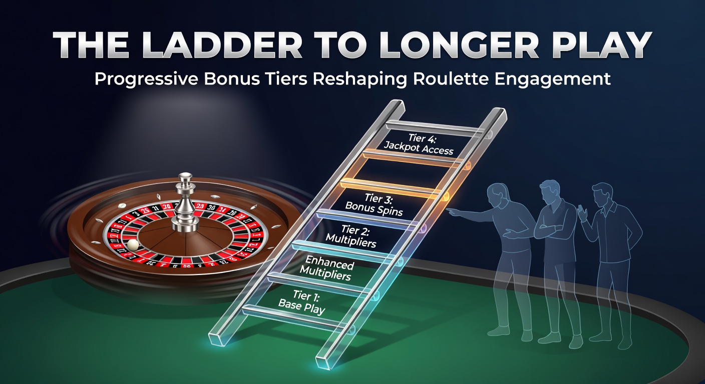 Visual representation of a progressive bonus ladder with tiers unlocking higher rewards in an online roulette game, showing ascending levels from basic entry bonuses to elite player perks