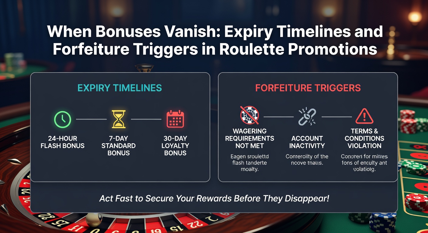 A roulette table with a bonus chip slipping into a black hole, illustrating forfeiture triggers like max bet violations and inactivity in promotions